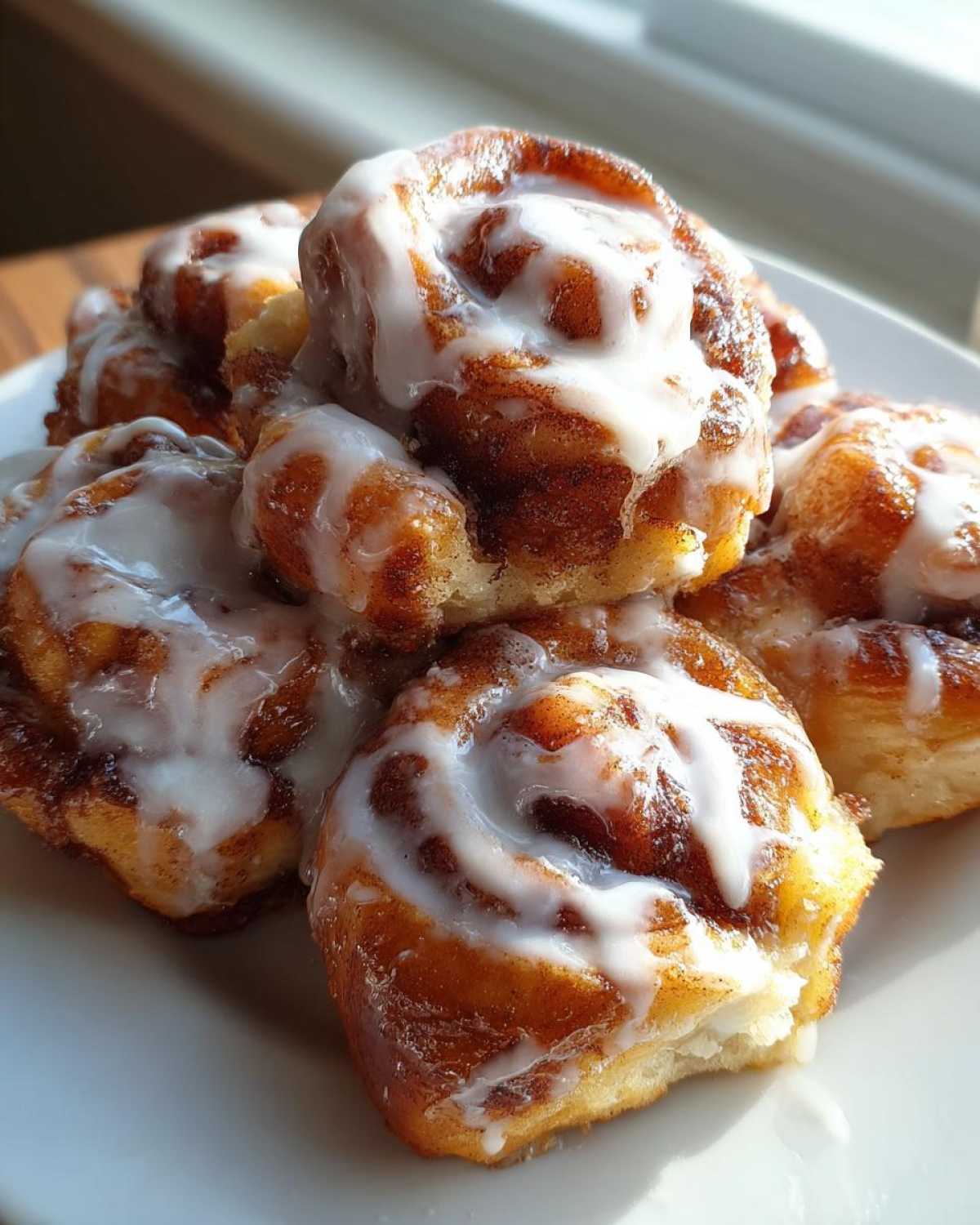 A close-up of several gooey cinnamon roll bites piled on a white plate, heavily drizzled with white icing.