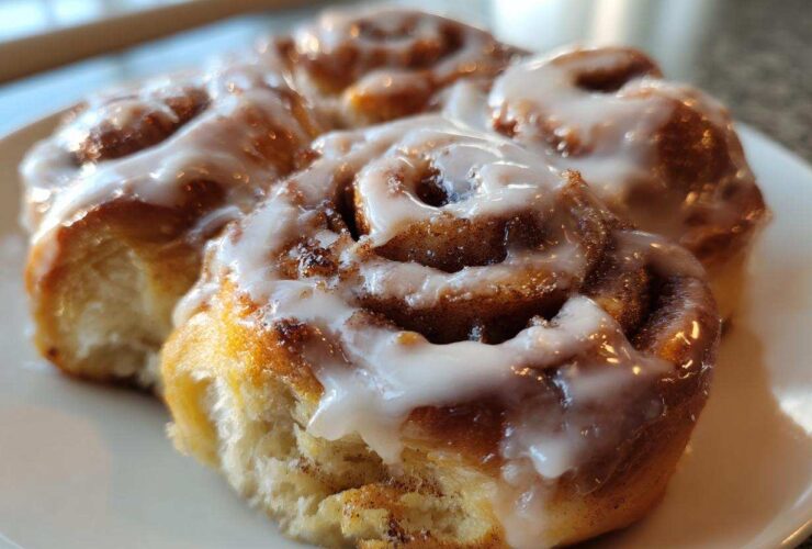 Close-up of three freshly baked, gooey cinnamon roll bites topped with thick white icing.