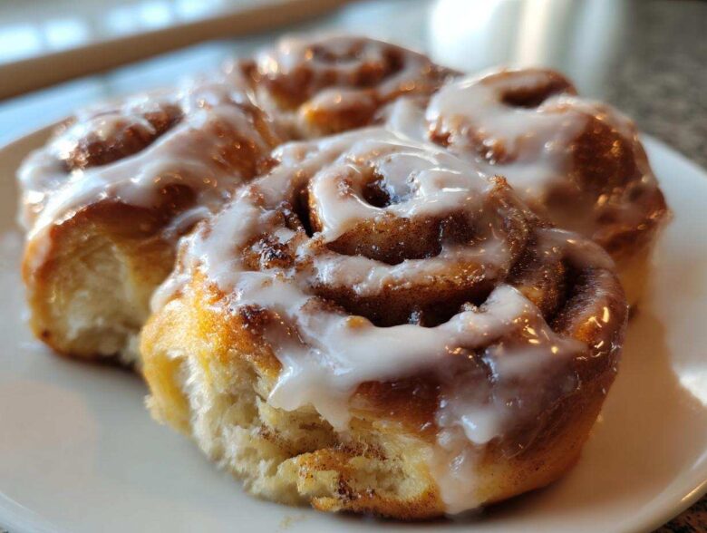 Close-up of three freshly baked, gooey cinnamon roll bites topped with thick white icing.