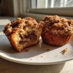 Close-up of two pecan pie muffins, one cut open showing the gooey pecan filling inside.