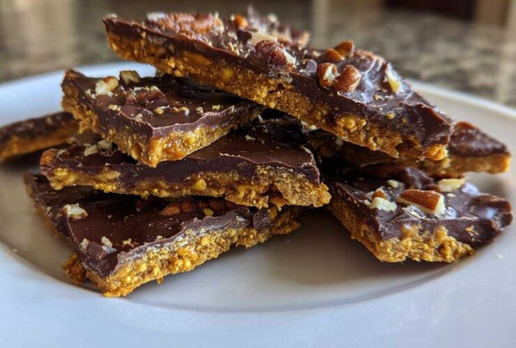 A stack of rich, layered graham cracker toffee pieces topped with melted chocolate and chopped pecans on a white plate.
