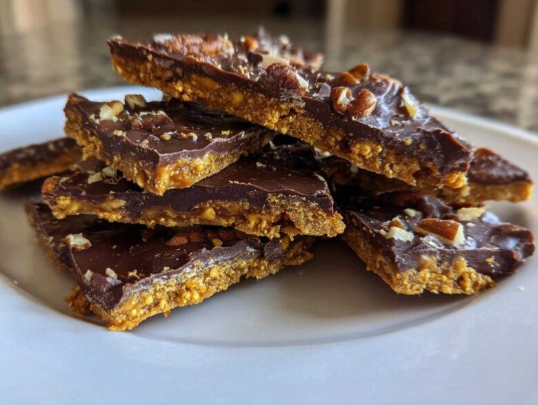A stack of rich, layered graham cracker toffee pieces topped with melted chocolate and chopped pecans on a white plate.