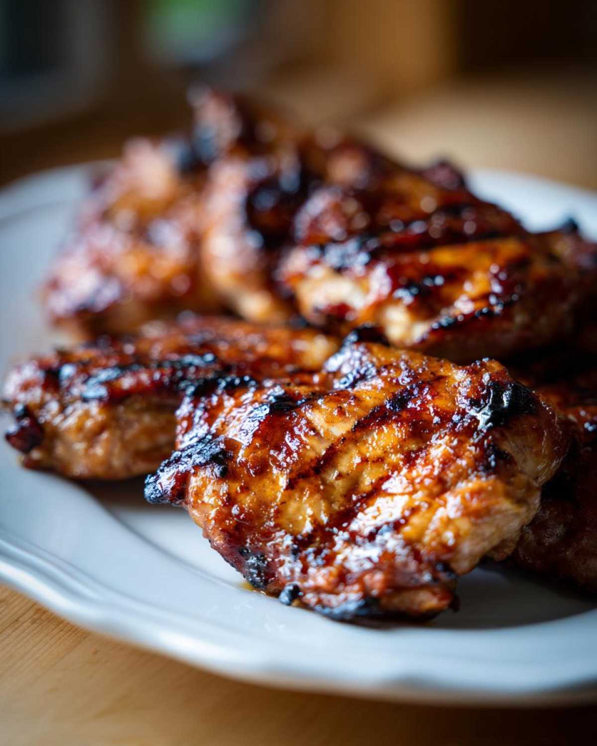 Close-up of grilled chicken pieces coated in a shiny, dark glaze, likely from a zesty chicken marinade.
