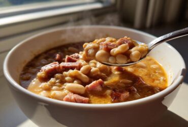 A spoonful of hot ham bean soup, rich with white beans and chunks of ham, lifted from a white bowl.