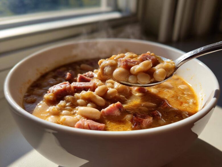 A spoonful of hot ham bean soup, rich with white beans and chunks of ham, lifted from a white bowl.
