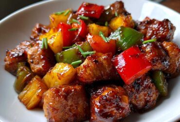Close-up of glazed chicken pieces, pineapple chunks, and colorful bell peppers from the hawaiian chicken sheet pan.