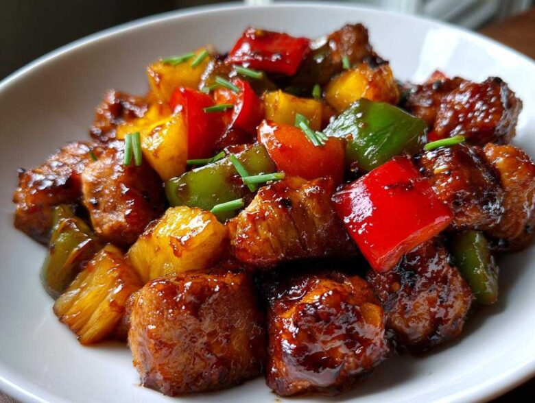 Close-up of glazed chicken pieces, pineapple chunks, and colorful bell peppers from the hawaiian chicken sheet pan.
