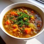 Close-up of a hearty bowl of lentil soup, rich with brown lentils, diced carrots, and topped with fresh parsley.
