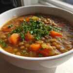 Close-up of a hearty lentil soup in a white bowl, featuring lentils, carrots, and fresh parsley garnish.