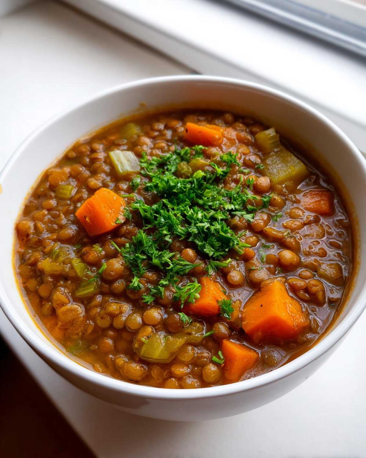 Close-up of a bowl of hearty lentil soup with chunks of carrot and celery, topped with fresh parsley.