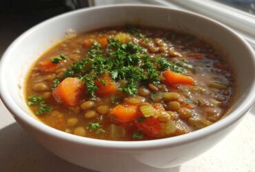Close-up of a hearty lentil soup in a white bowl, featuring lentils, carrots, and fresh parsley garnish.