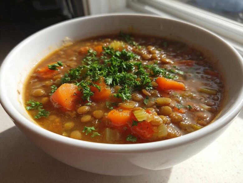 Close-up of a hearty lentil soup in a white bowl, featuring lentils, carrots, and fresh parsley garnish.