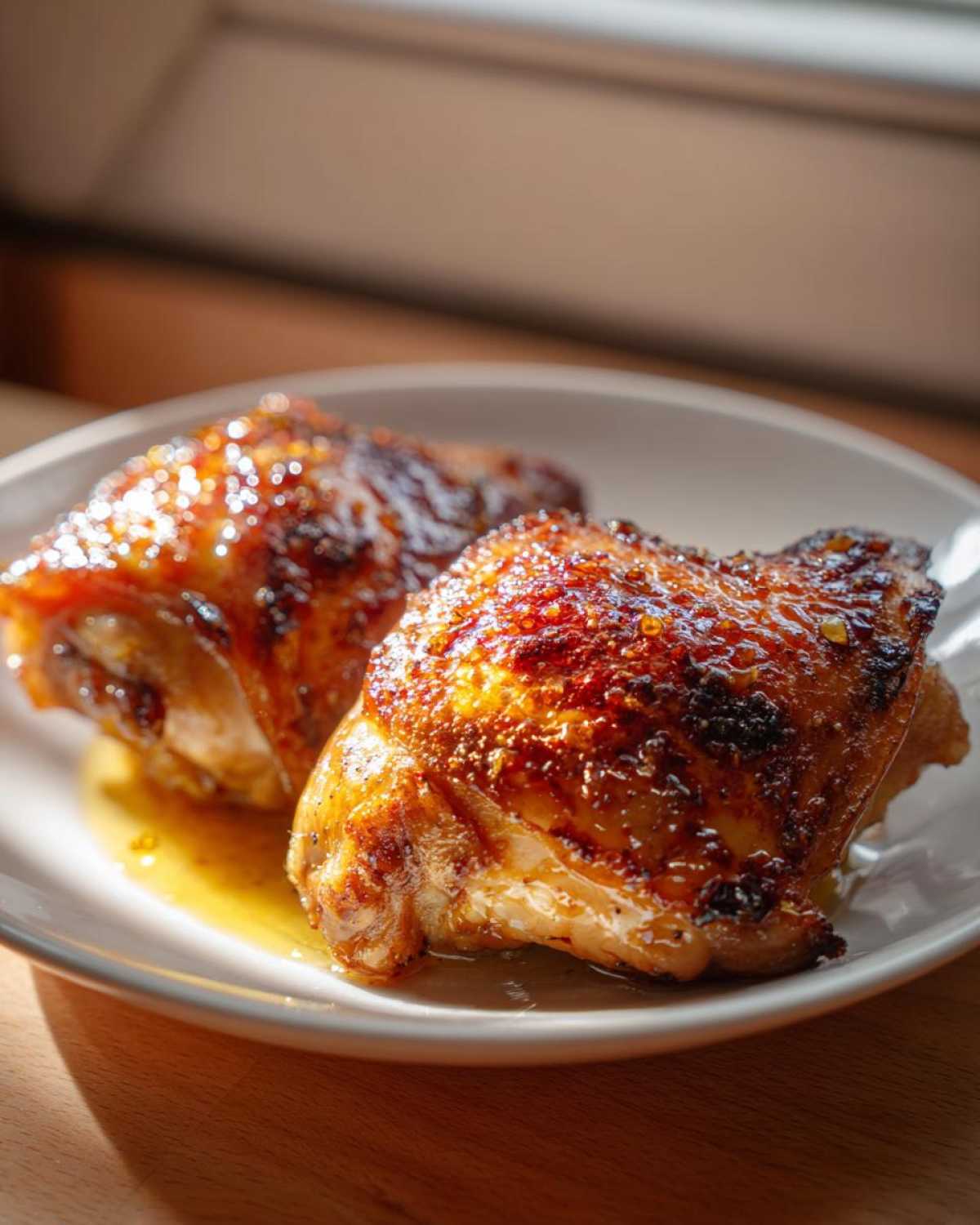 Two perfectly cooked, glazed honey garlic chicken thighs resting in their juices on a white plate.