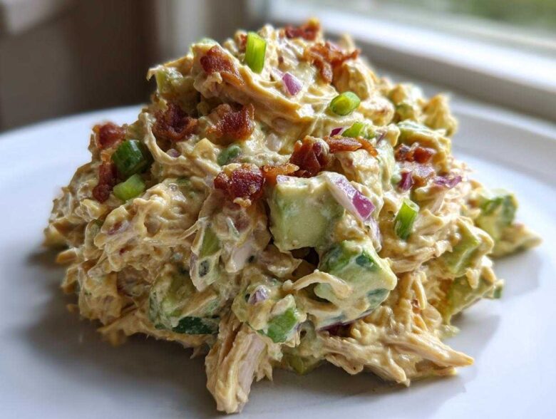 A mound of creamy honey mustard chicken salad mixed with chunks of avocado, red onion, and topped with crispy bacon bits.