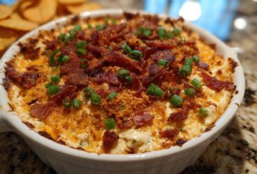 A freshly baked, cheesy popper dip topped with crispy bacon bits and green onions.