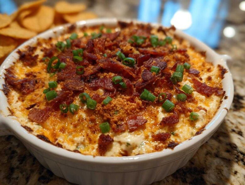 A freshly baked, cheesy popper dip topped with crispy bacon bits and green onions.