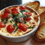 A baked, cheesy bruschetta dip topped with roasted cherry tomatoes and fresh basil, served with toasted bread slices.