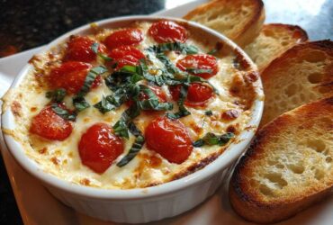 A baked, cheesy bruschetta dip topped with roasted cherry tomatoes and fresh basil, served with toasted bread slices.