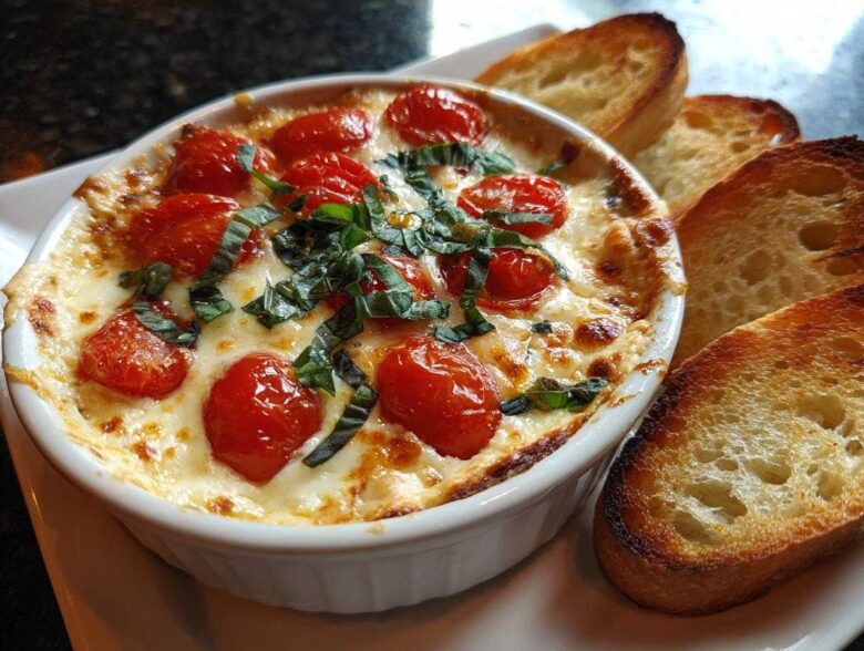 A baked, cheesy bruschetta dip topped with roasted cherry tomatoes and fresh basil, served with toasted bread slices.