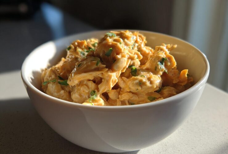 Close-up of creamy, shredded chicken and beans in a white bowl, representing instant pot white chicken chili.