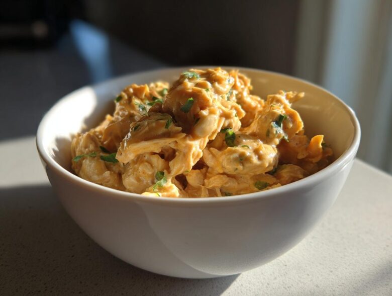 Close-up of creamy, shredded chicken and beans in a white bowl, representing instant pot white chicken chili.