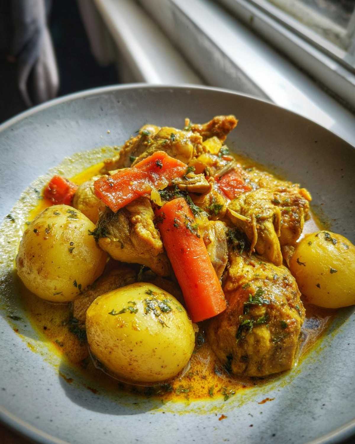 A close-up of Jamaican curry chicken served in a bowl with whole boiled potatoes and carrots, garnished with herbs.