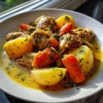 A close-up of a bowl of Jamaican curry chicken stewed with large chunks of yellow potatoes and bright orange carrots, garnished with parsley.