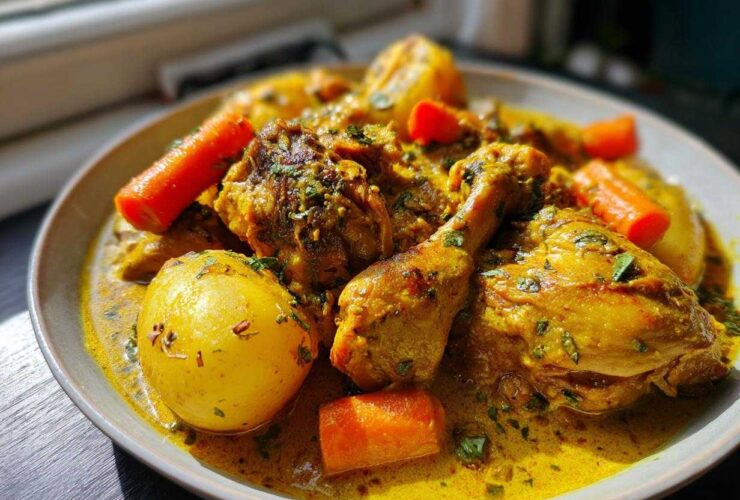 Close-up of rich, yellow Jamaican curry chicken served with whole potatoes and chunks of carrot in a savory sauce.