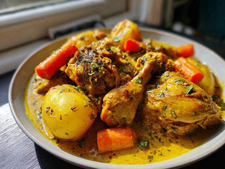 Close-up of rich, yellow Jamaican curry chicken served with whole potatoes and chunks of carrot in a savory sauce.
