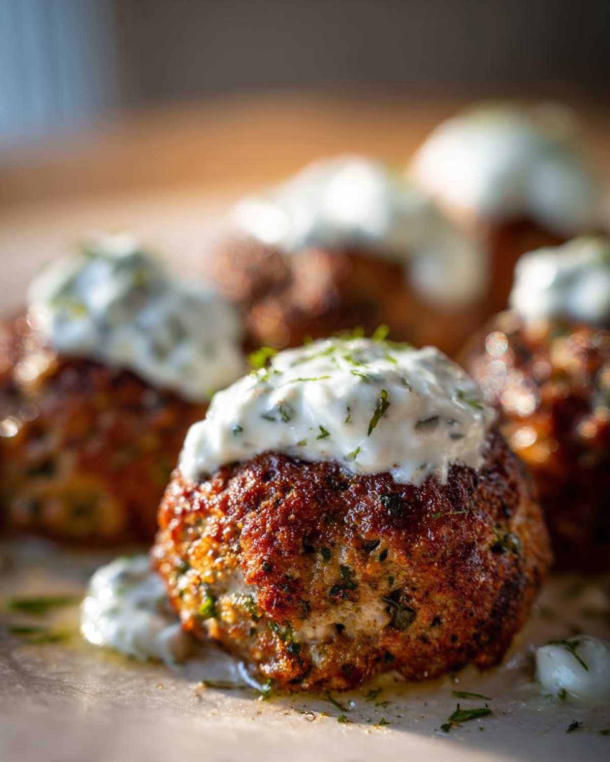 Close-up of a perfectly browned greek chicken meatball topped with creamy tzatziki sauce and fresh herbs.