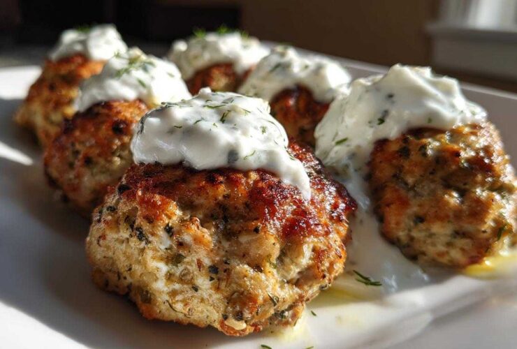 Close-up of browned greek chicken meatballs topped with creamy tzatziki sauce and dill.