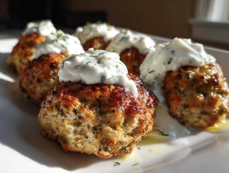 Close-up of browned greek chicken meatballs topped with creamy tzatziki sauce and dill.