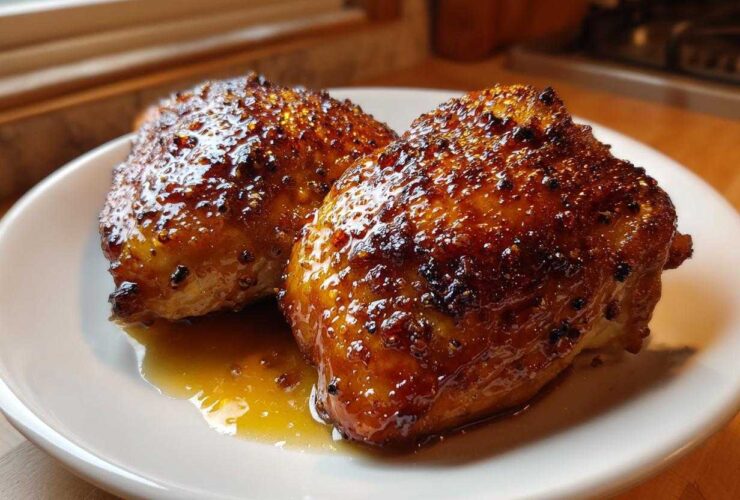 Two perfectly cooked, glistening honey garlic chicken thighs resting in sauce on a white plate.