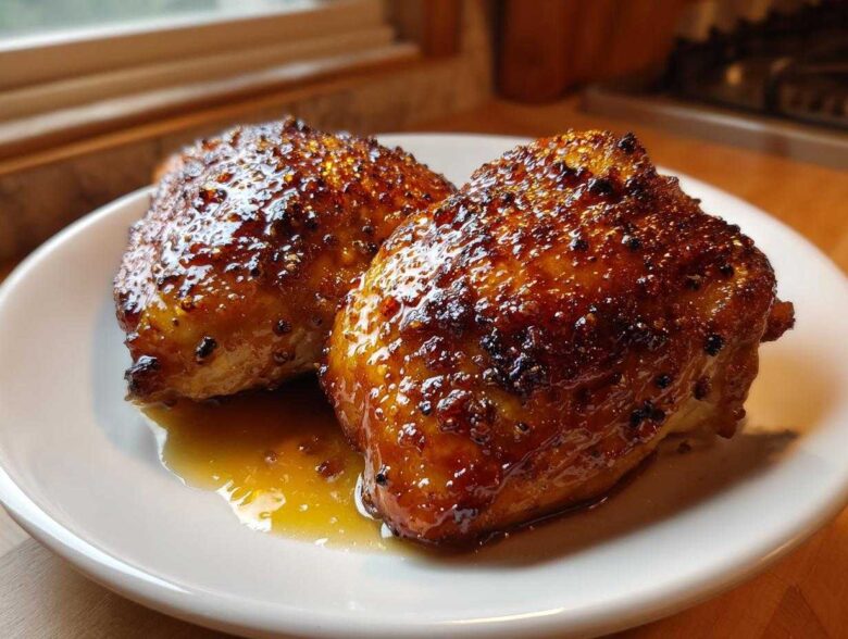 Two perfectly cooked, glistening honey garlic chicken thighs resting in sauce on a white plate.