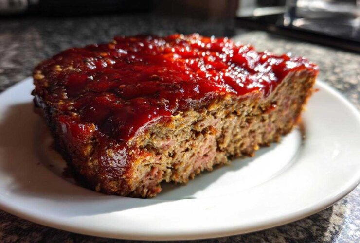A thick slice of juicy meatloaf topped with a thick, glossy red glaze, served on a white plate.