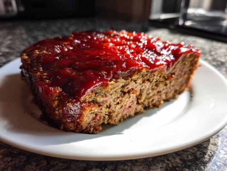 A thick slice of juicy meatloaf topped with a thick, glossy red glaze, served on a white plate.