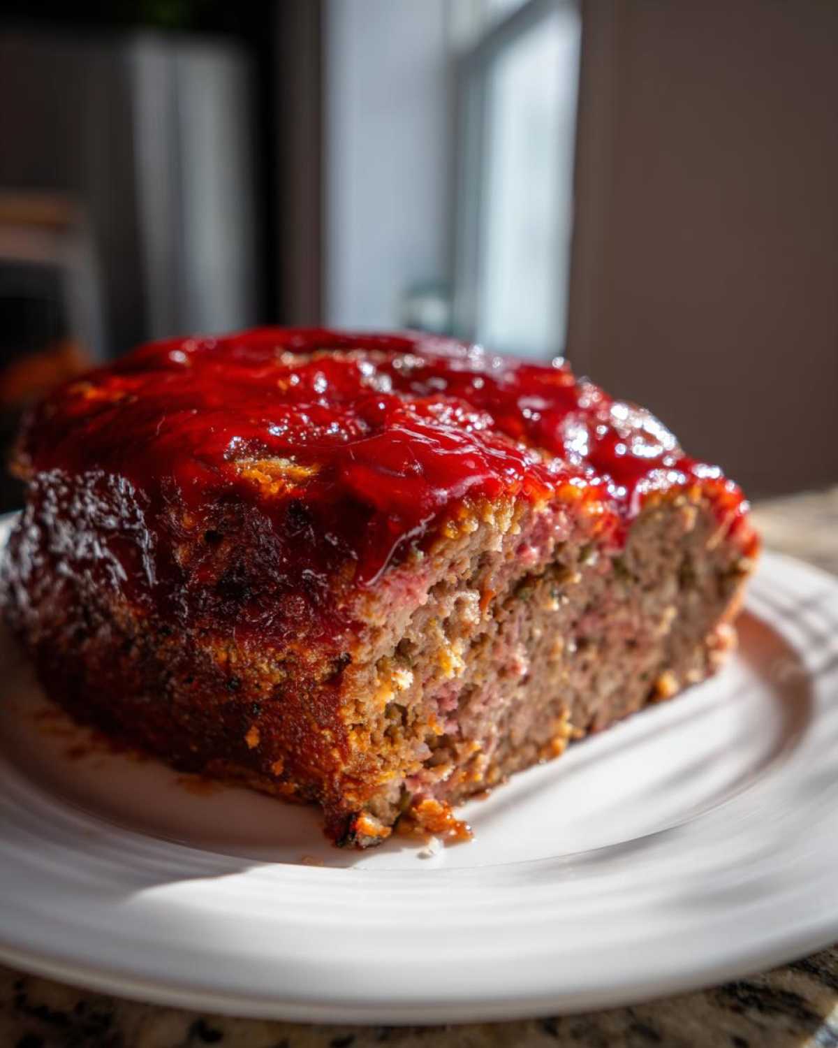 A thick slice of juicy meatloaf topped with a shiny, bright red glaze, resting on a white plate.