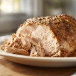 Close-up of a juicy slow cooker turkey breast, seasoned with herbs, with a portion already shredded on a plate.