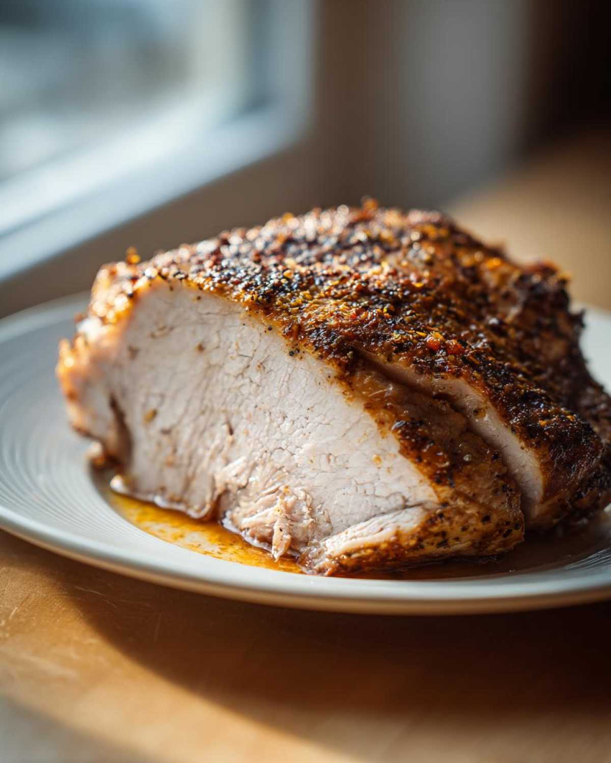 Close-up of a perfectly cooked, sliced slow cooker turkey breast with a seasoned crust resting in its juices.
