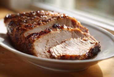 Close-up of sliced, juicy slow cooker turkey breast with a caramelized, dark glaze on a white platter.