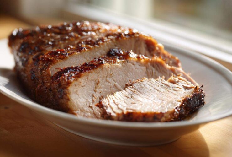 Close-up of sliced, juicy slow cooker turkey breast with a caramelized, dark glaze on a white platter.