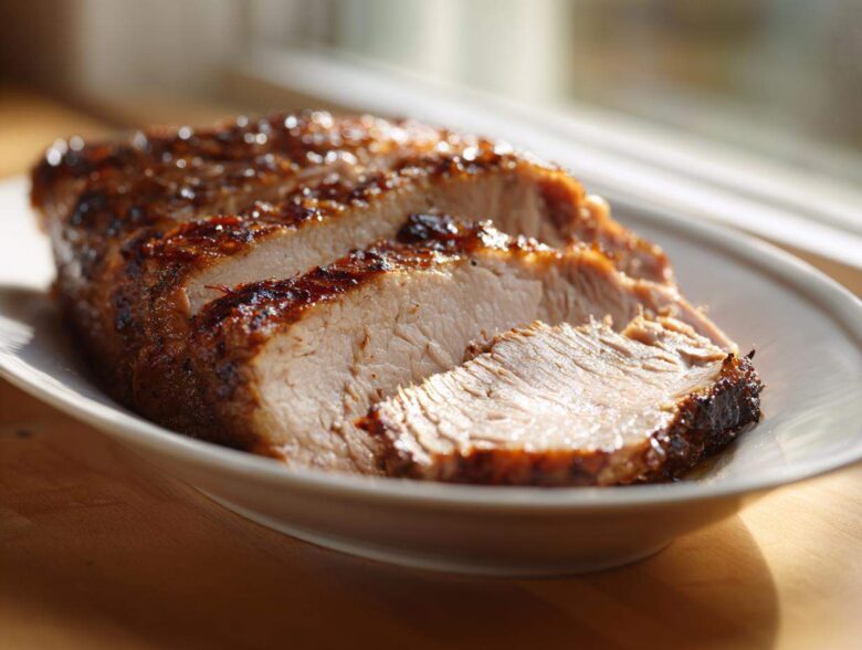 Close-up of sliced, juicy slow cooker turkey breast with a caramelized, dark glaze on a white platter.