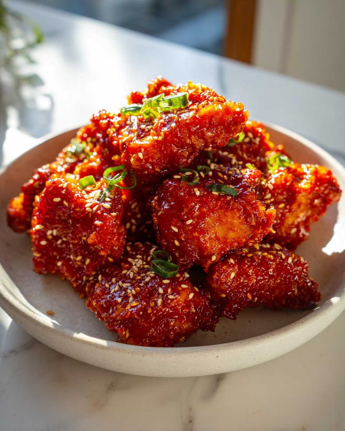 A close-up of crispy Korean fried chicken pieces coated in a glossy red sauce, topped with sesame seeds and green onions.