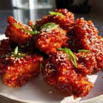Close-up of crispy Korean fried chicken recipe pieces coated in a shiny red glaze, topped with sesame seeds and green onions.