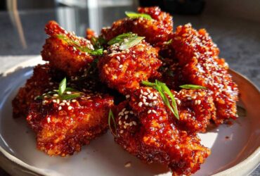 Close-up of crispy Korean fried chicken recipe pieces coated in a shiny red glaze, topped with sesame seeds and green onions.