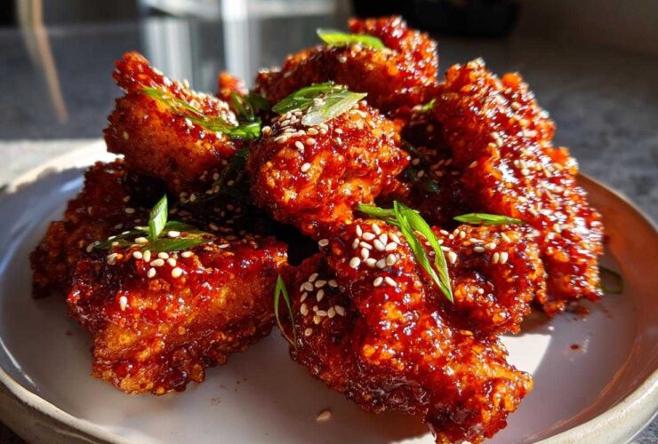 Close-up of crispy Korean fried chicken recipe pieces coated in a shiny red glaze, topped with sesame seeds and green onions.