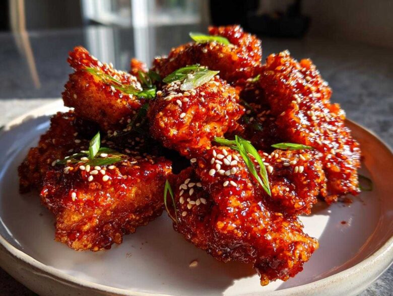 Close-up of crispy Korean fried chicken recipe pieces coated in a shiny red glaze, topped with sesame seeds and green onions.