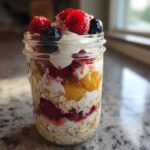 A close-up of layered overnight oats in a mason jar, topped with yogurt, raspberries, and blueberries.