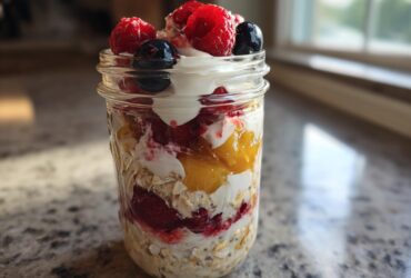 A close-up of layered overnight oats in a mason jar, topped with yogurt, raspberries, and blueberries.