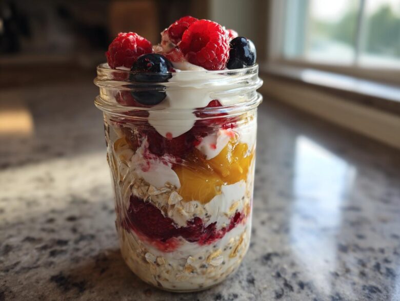 A close-up of layered overnight oats in a mason jar, topped with yogurt, raspberries, and blueberries.